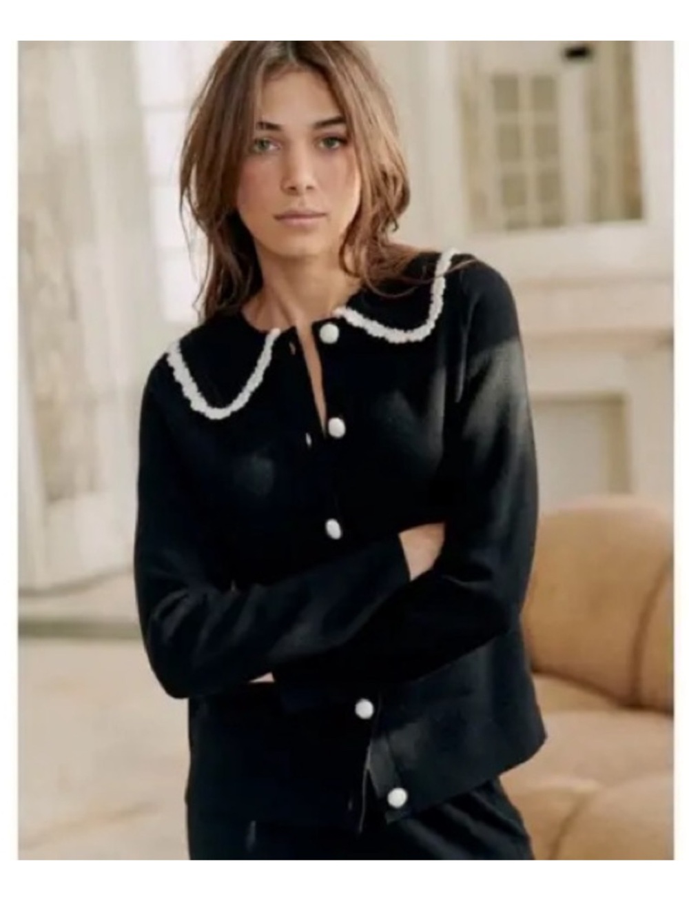 Sezane Bettany Cardigan in Black and Ecru. Size XS